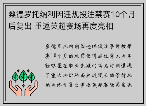 桑德罗托纳利因违规投注禁赛10个月后复出 重返英超赛场再度亮相