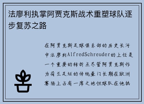 法廖利执掌阿贾克斯战术重塑球队逐步复苏之路