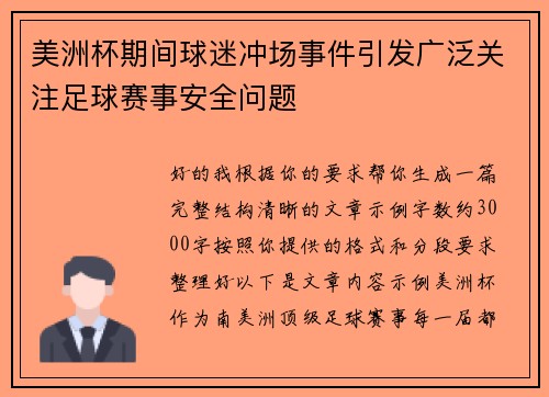 美洲杯期间球迷冲场事件引发广泛关注足球赛事安全问题
